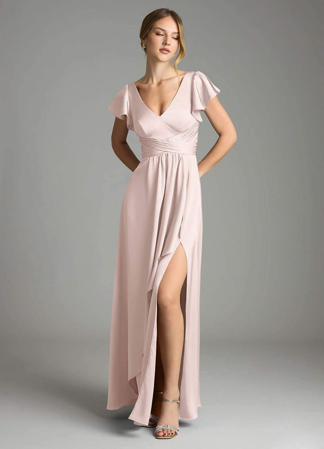 Omari A-Line V-Neck Stretch Satin Bridesmaid Dress in Blushing Pink