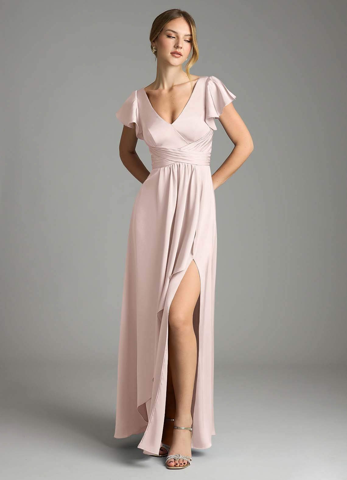Omari A-Line V-Neck Stretch Satin Bridesmaid Dress in Blushing Pink