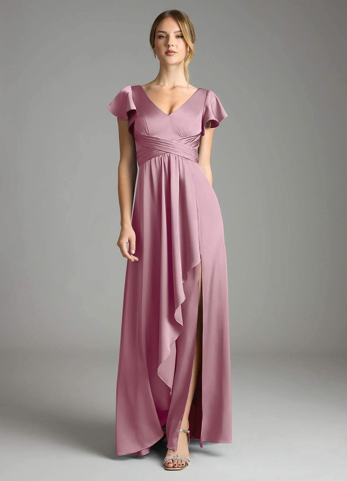 Omari A-Line V-Neck Stretch Satin Bridesmaid Dress in Vintage Mauve