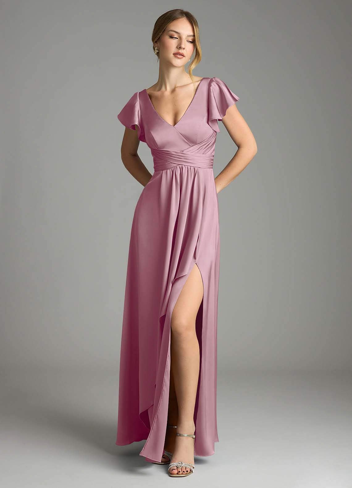 Omari A-Line V-Neck Stretch Satin Bridesmaid Dress in Vintage Mauve
