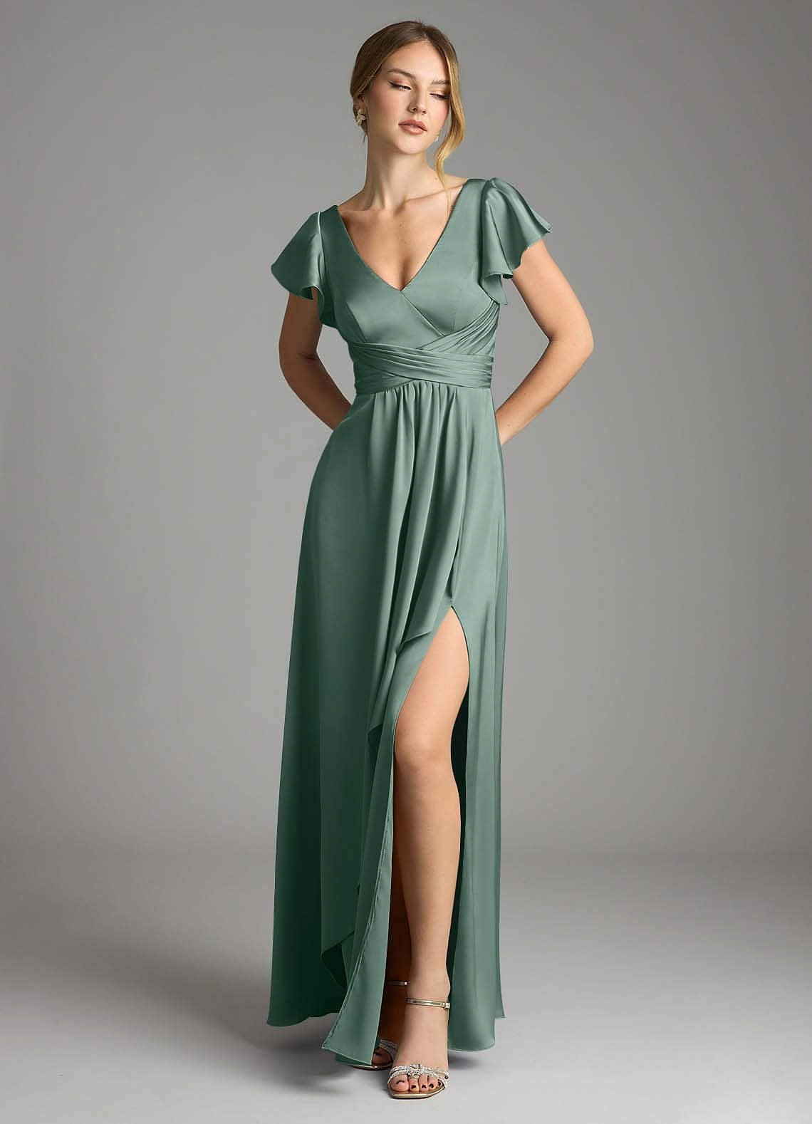 Omari A-Line V-Neck Stretch Satin Bridesmaid Dress in Eucalyptus