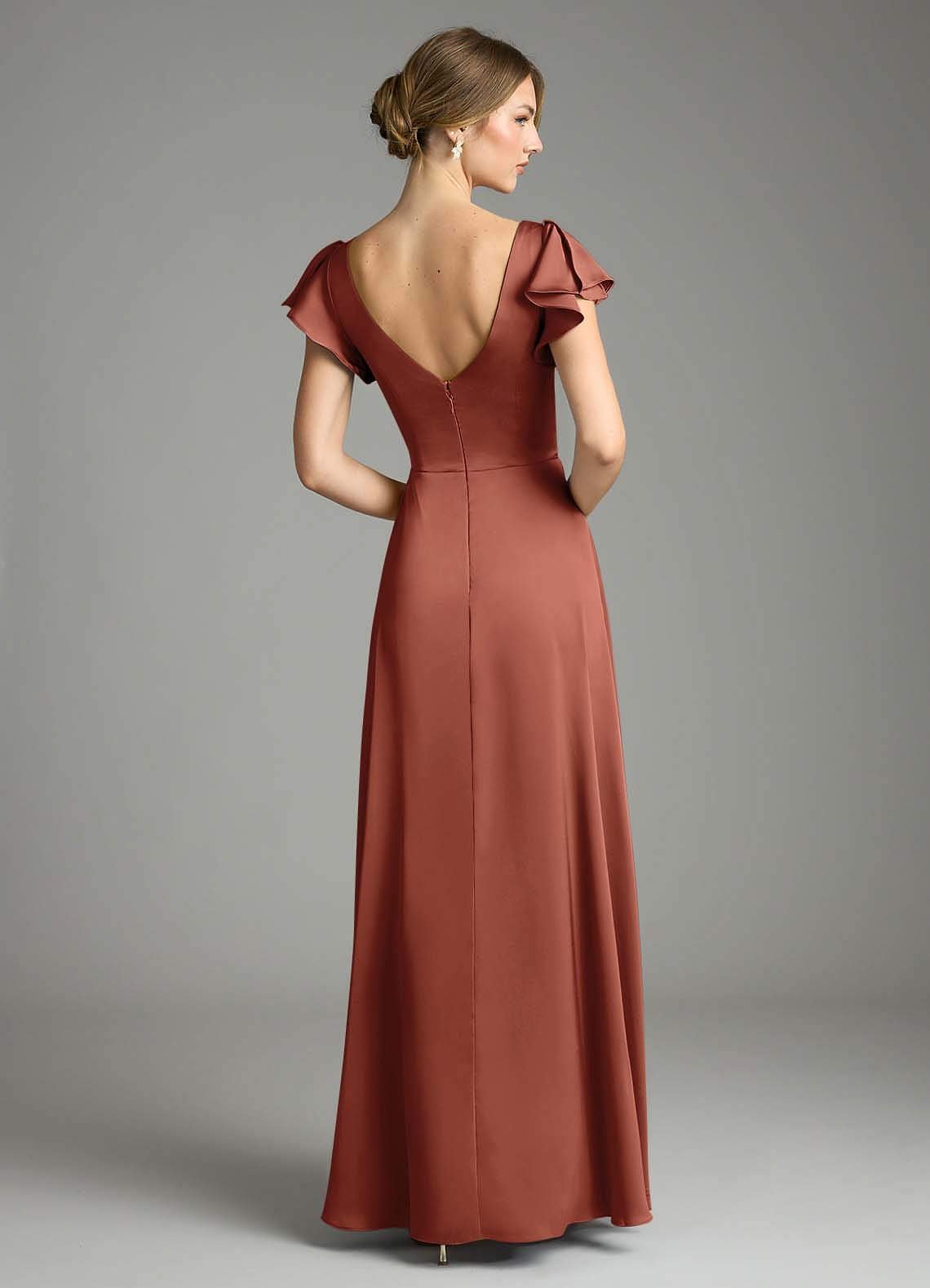 Omari A-Line V-Neck Stretch Satin Bridesmaid Dress in Auburn