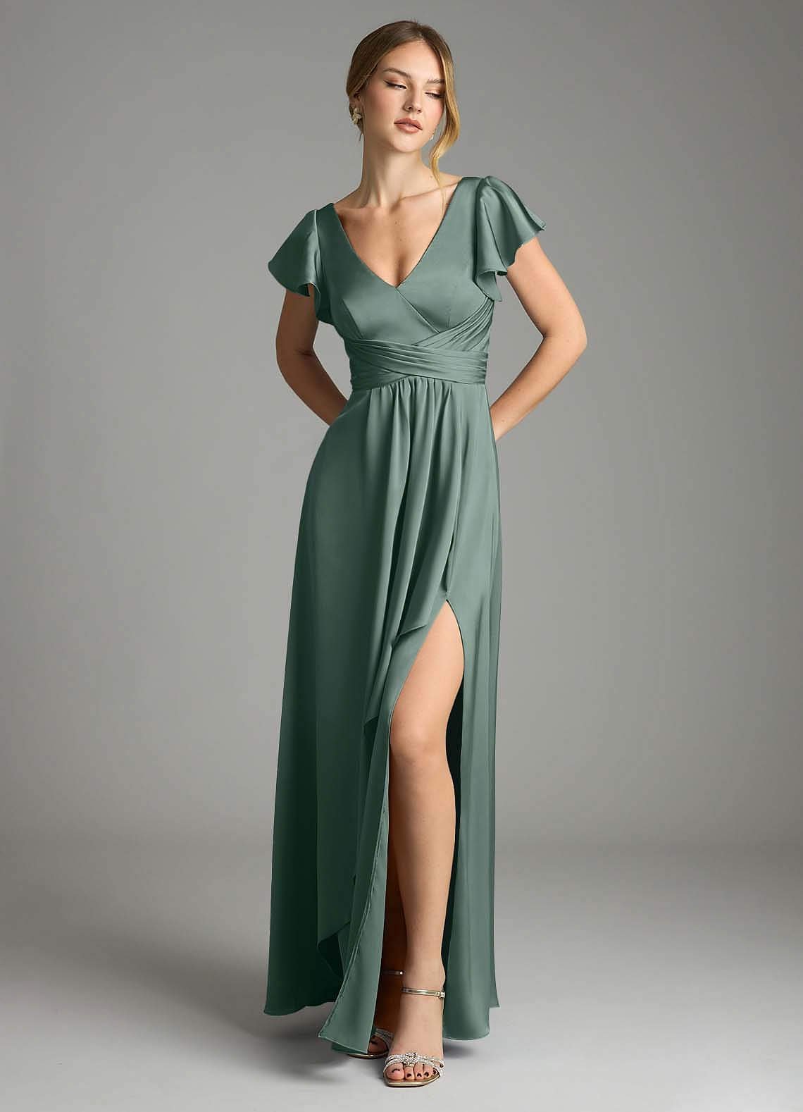 Omari A-Line V-Neck Stretch Satin Bridesmaid Dress in Sea Moss