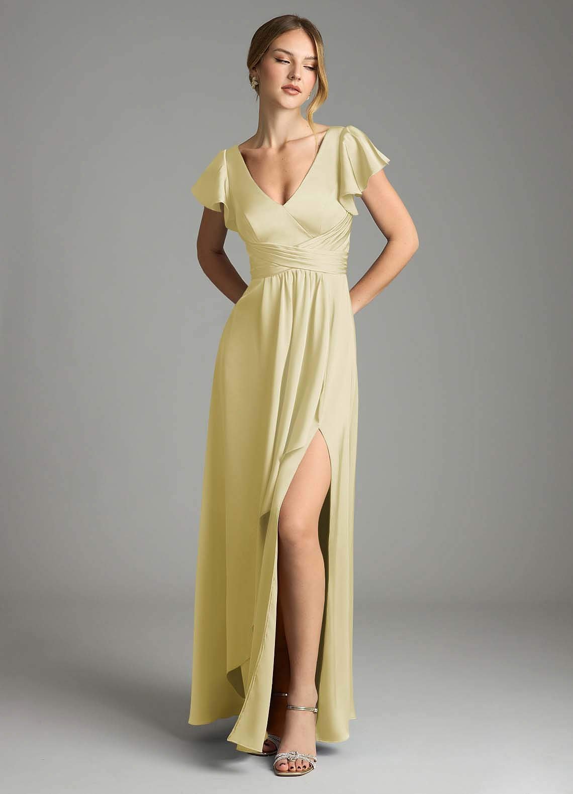 Omari A-Line V-Neck Stretch Satin Bridesmaid Dress in Lemon Sorbet