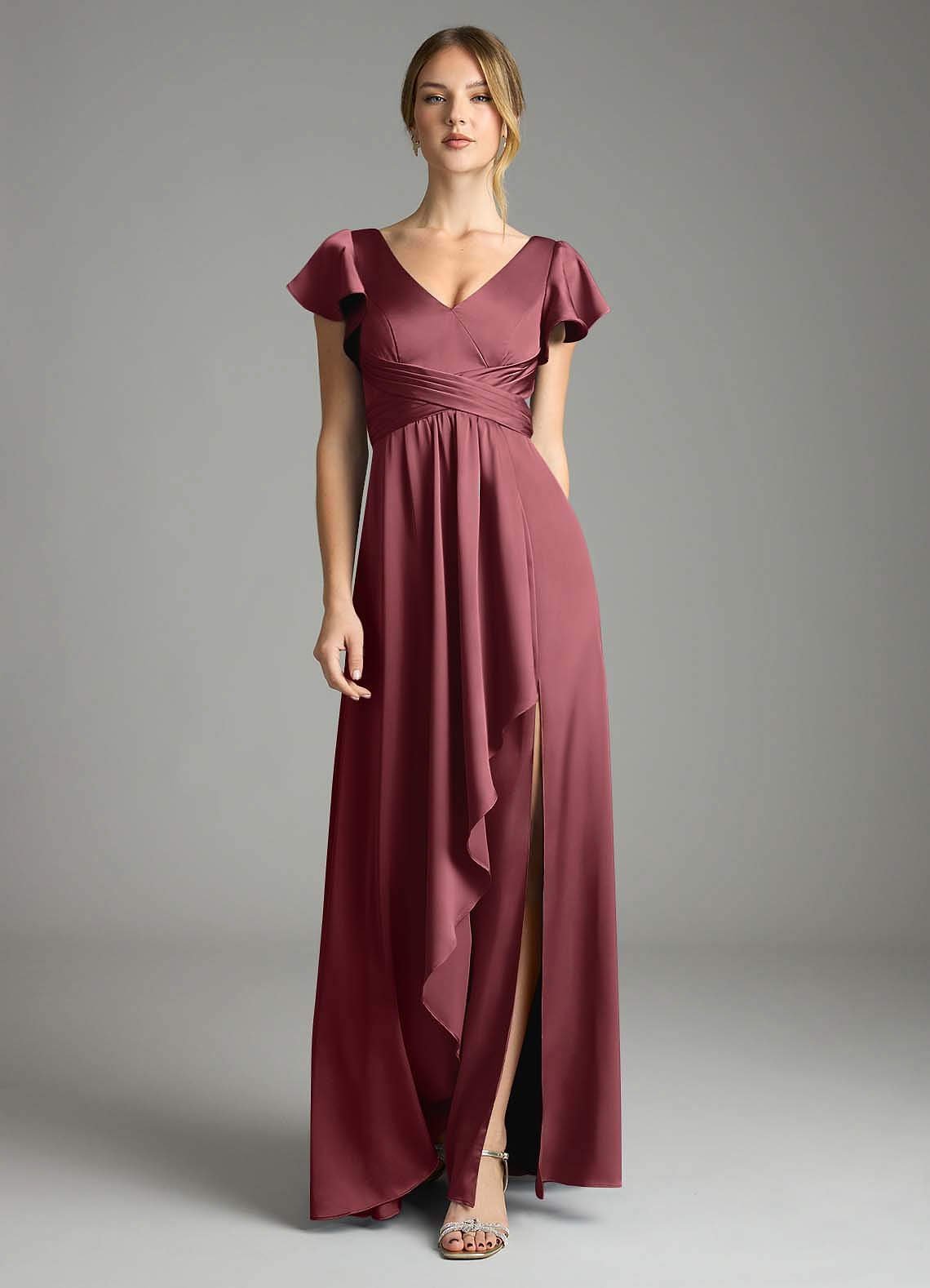 Omari A-Line V-Neck Stretch Satin Bridesmaid Dress in Merlot