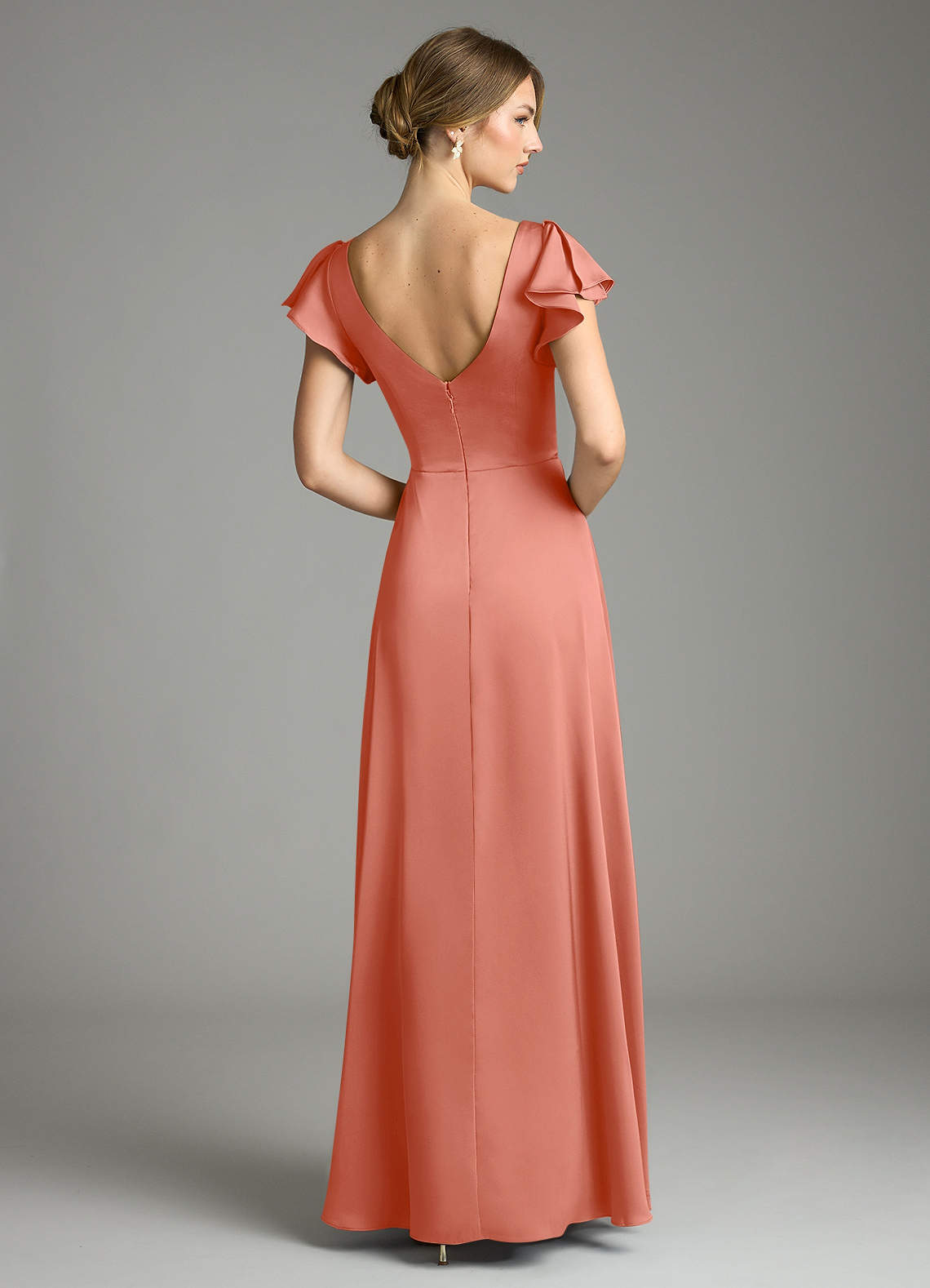 Omari A-Line V-Neck Stretch Satin Bridesmaid Dress in Salmon Pink
