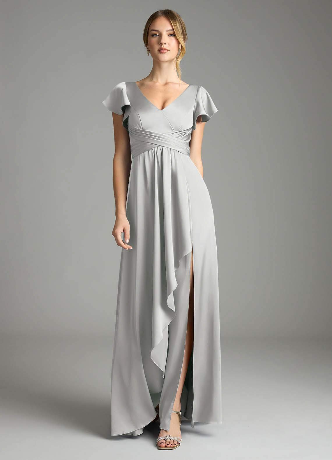 Omari A-Line V-Neck Stretch Satin Bridesmaid Dress in Silver