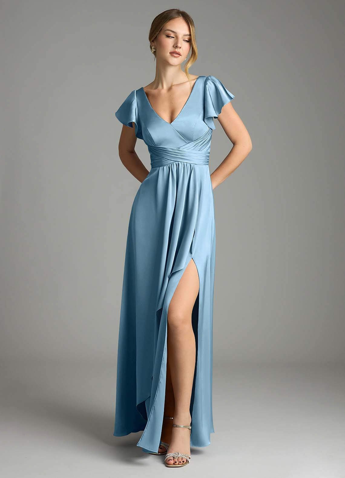 Omari A-Line V-Neck Stretch Satin Bridesmaid Dress in Steel Blue