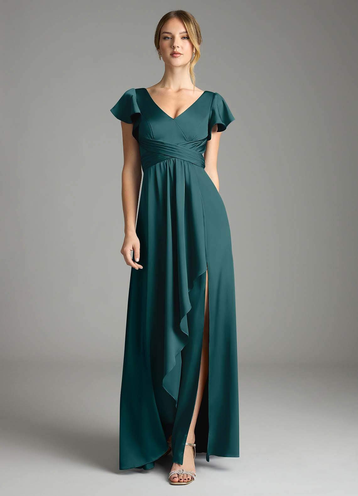 Omari A-Line V-Neck Stretch Satin Bridesmaid Dress in Pine