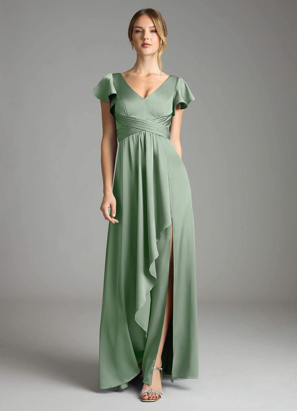 Omari A-Line V-Neck Stretch Satin Bridesmaid Dress in Matcha