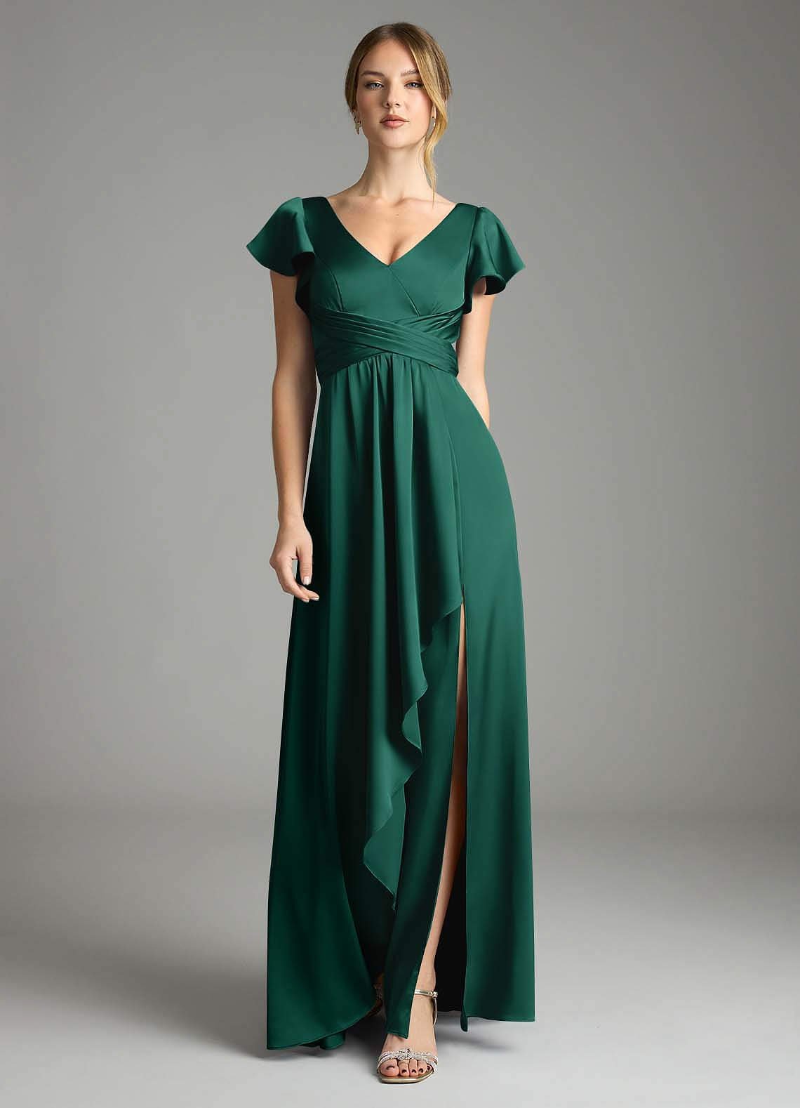 Omari A-Line V-Neck Stretch Satin Bridesmaid Dress in Emerald