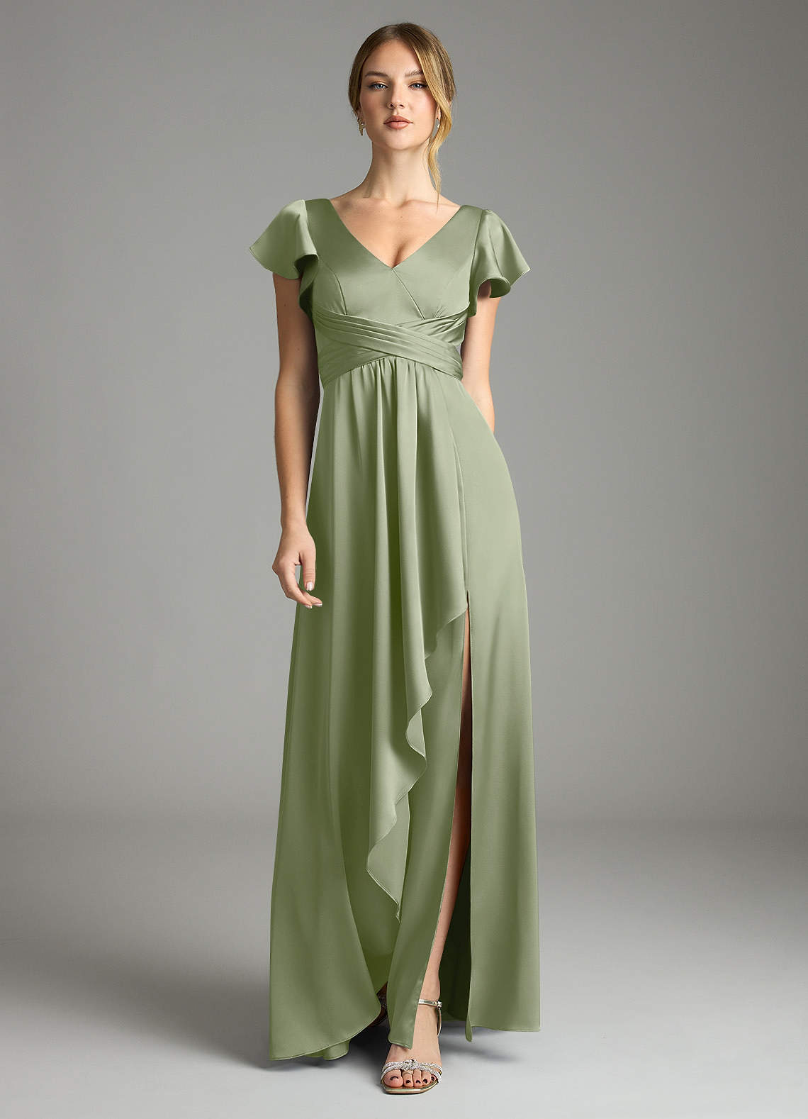 Omari A-Line V-Neck Stretch Satin Bridesmaid Dress in Pistachio