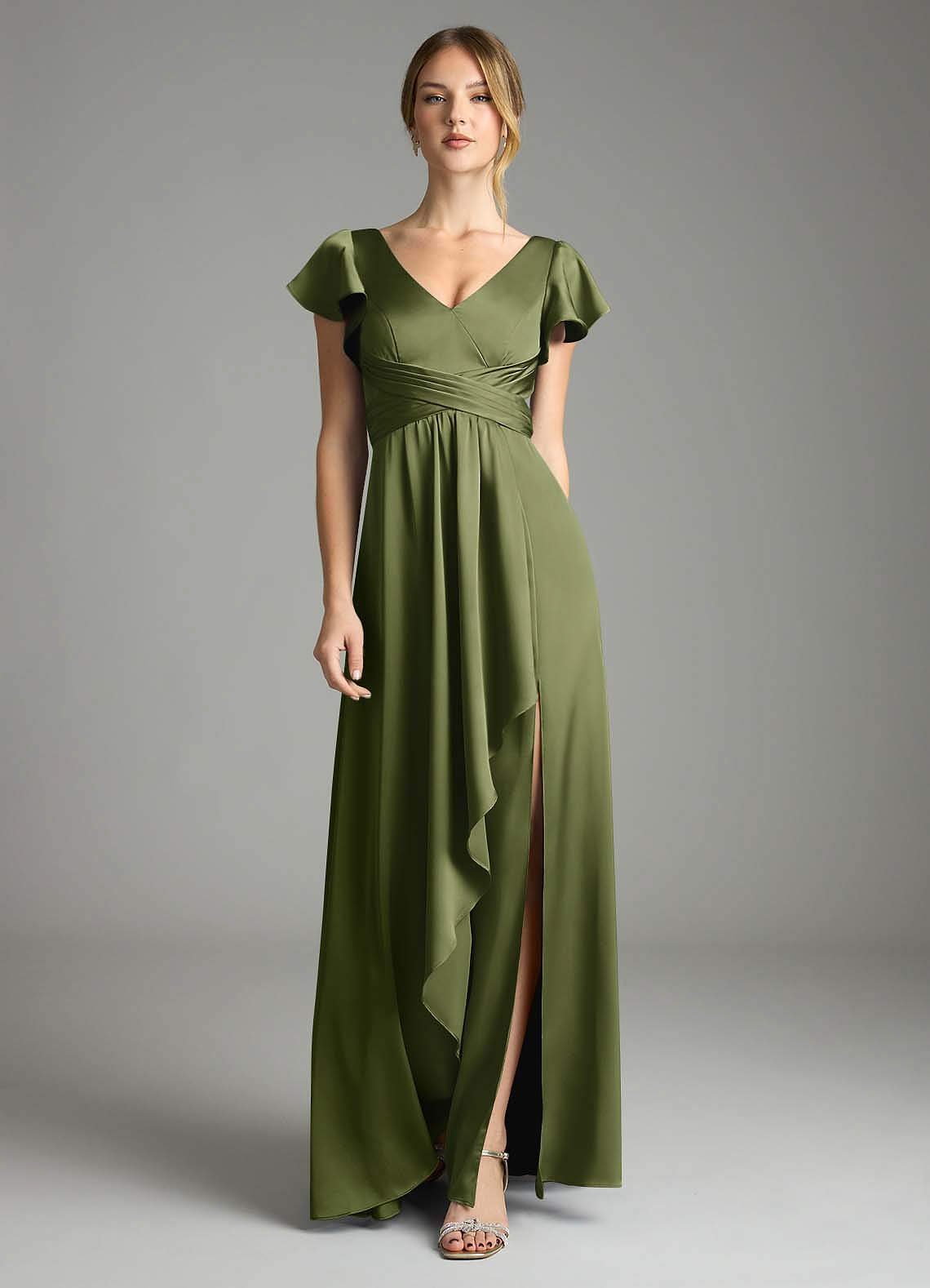 Omari A-Line V-Neck Stretch Satin Bridesmaid Dress in Olive