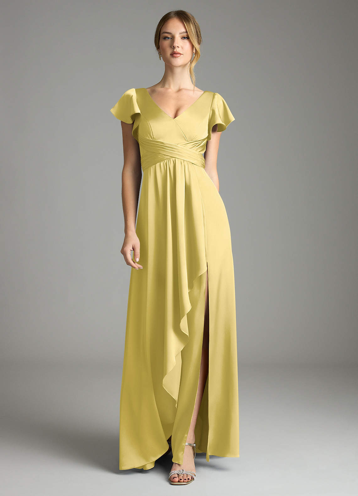 Omari A-Line V-Neck Stretch Satin Bridesmaid Dress in Canary