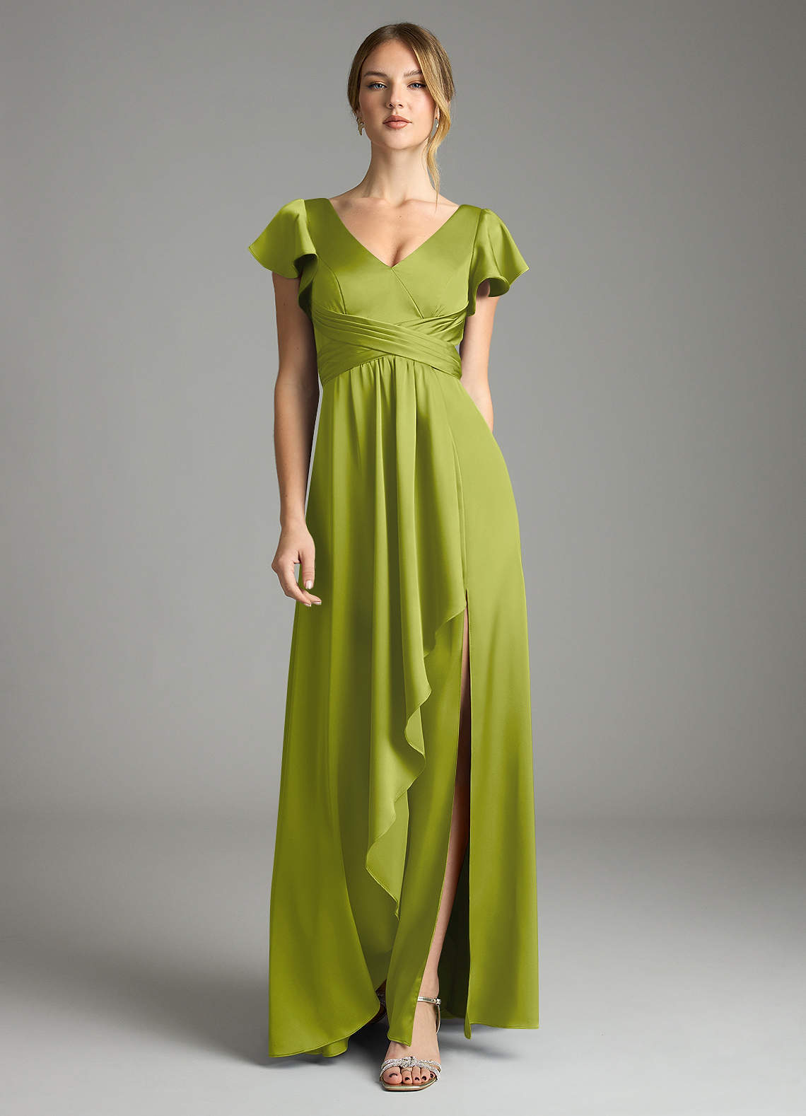 Omari A-Line V-Neck Stretch Satin Bridesmaid Dress in Lemongrass