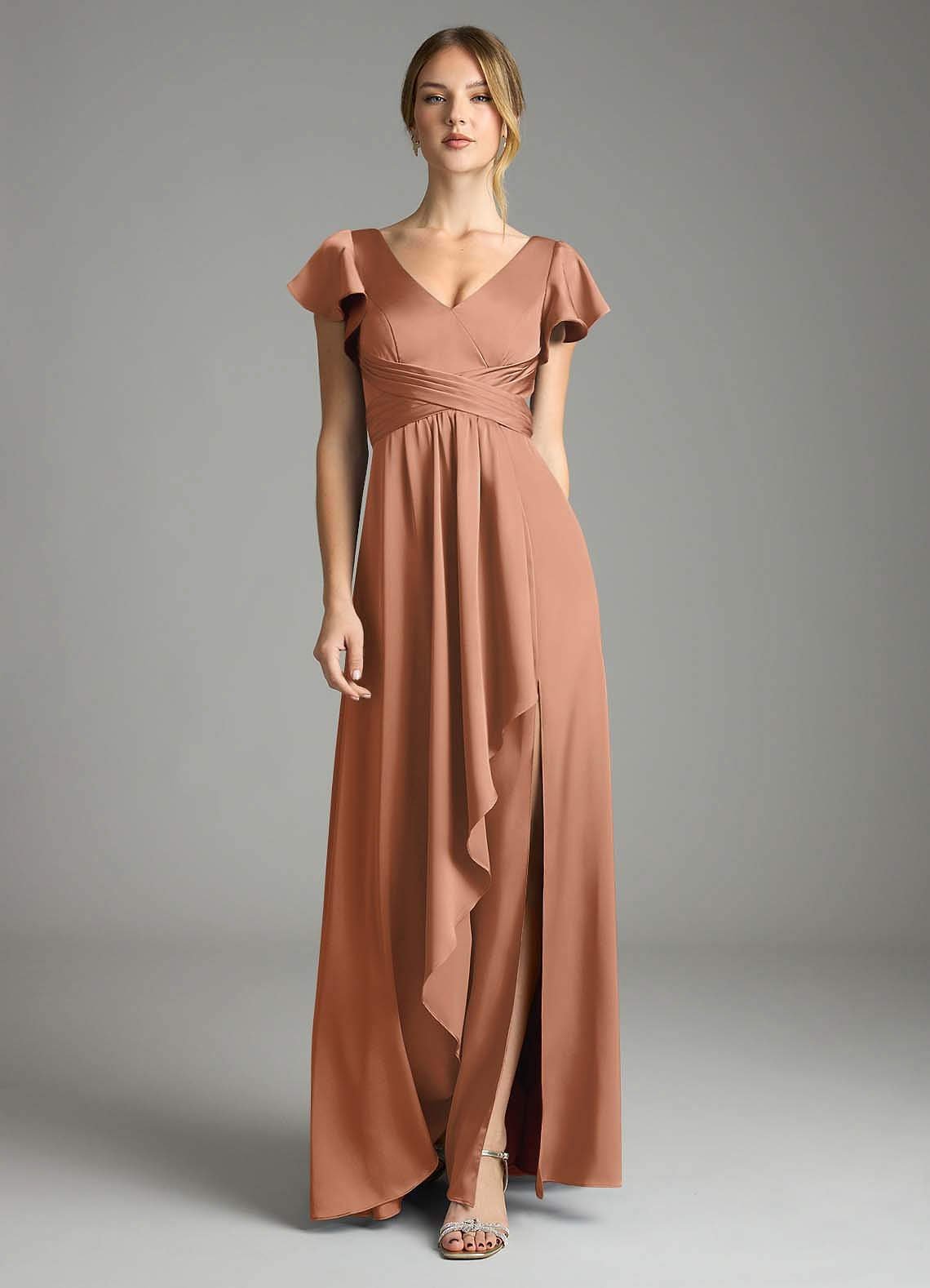Omari A-Line V-Neck Stretch Satin Bridesmaid Dress in Bronzer