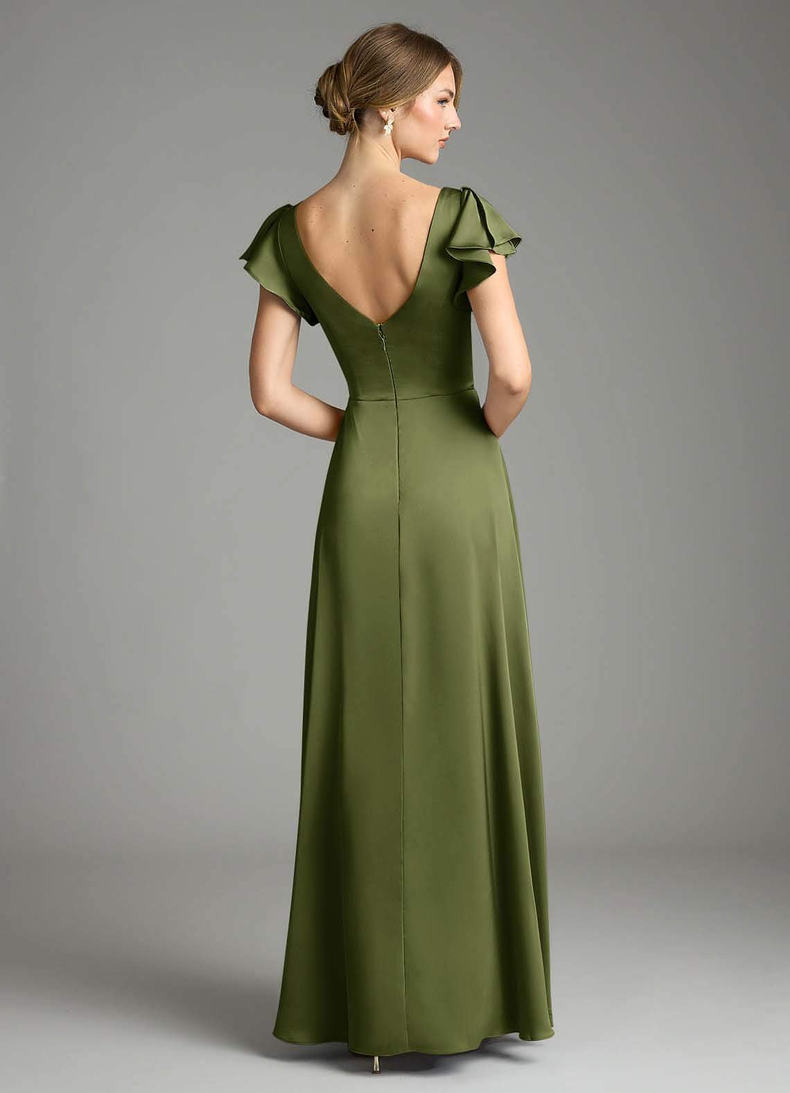 Omari A-Line V-Neck Stretch Satin Bridesmaid Dress in Olive