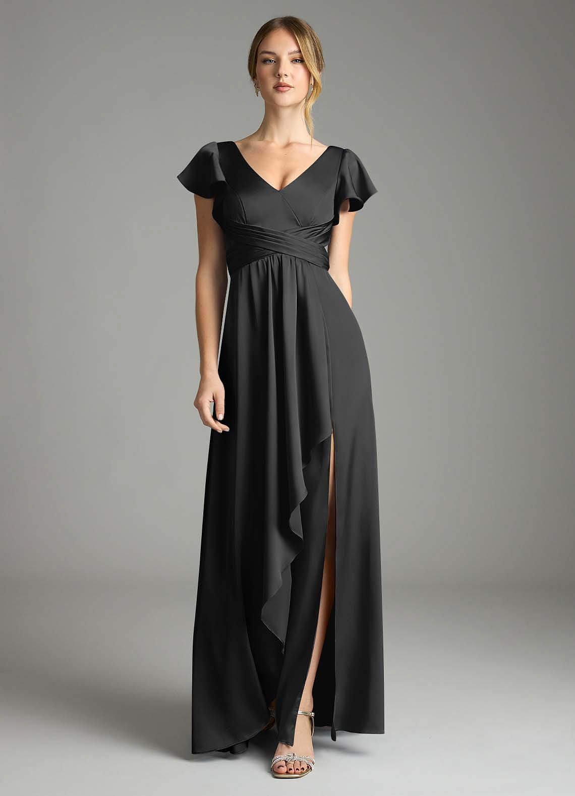 Omari A-Line V-Neck Stretch Satin Bridesmaid Dress in black