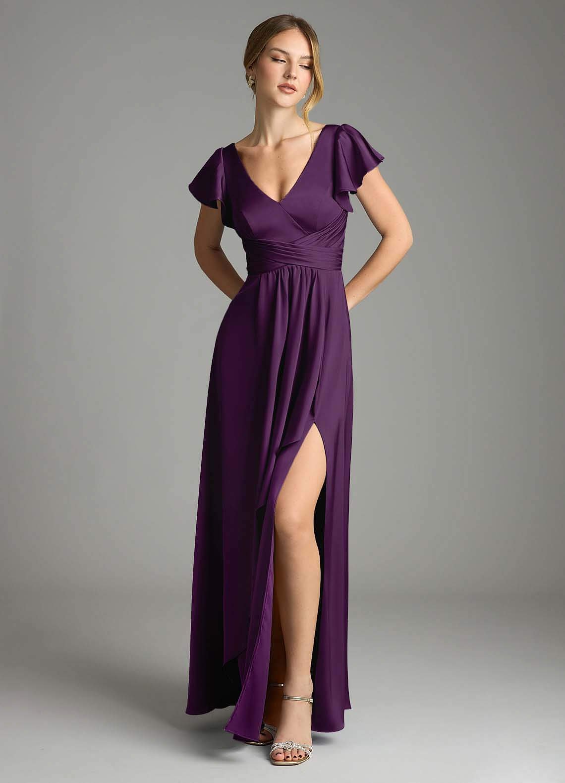 Omari A-Line V-Neck Stretch Satin Bridesmaid Dress in Grape