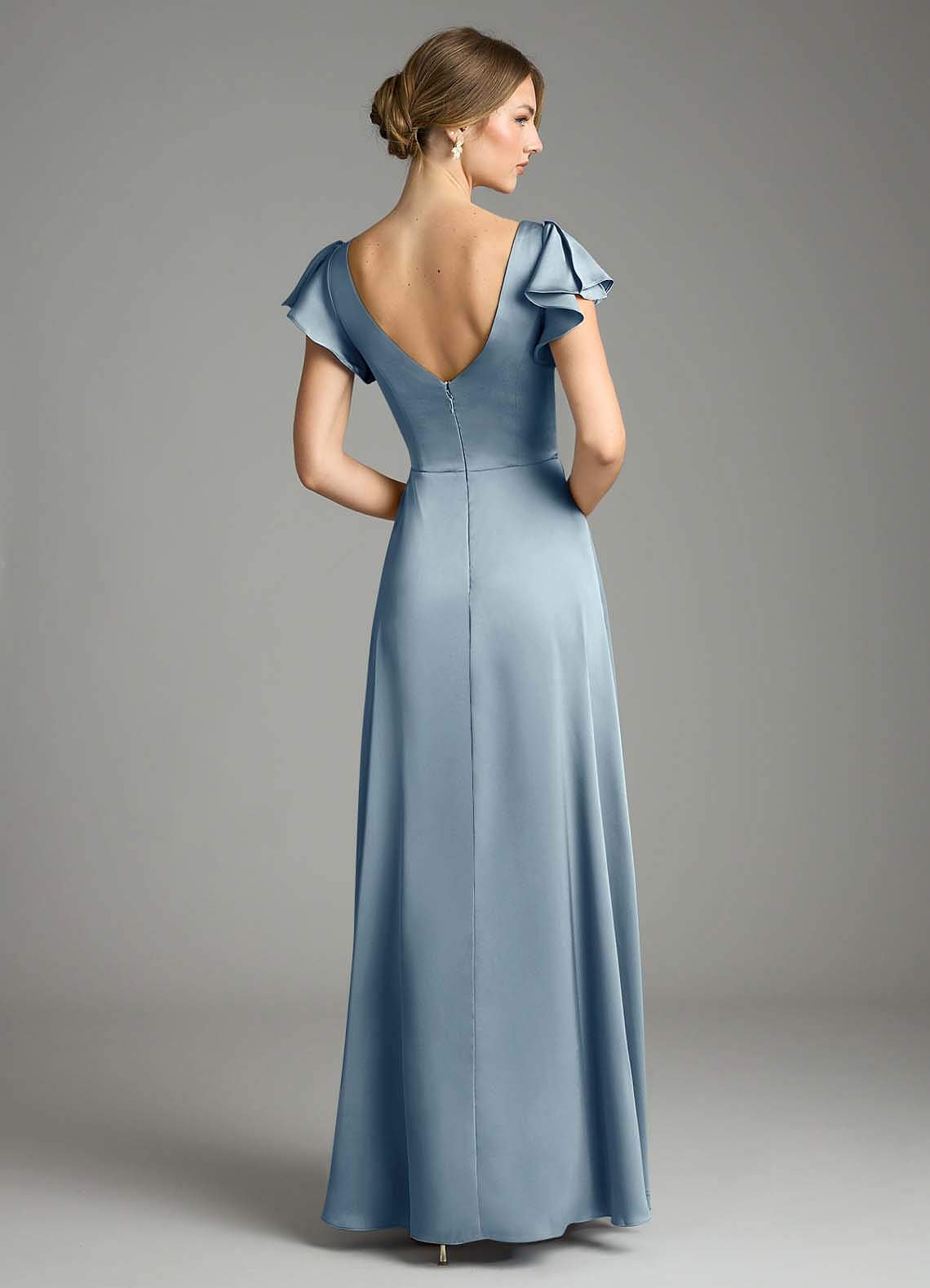 Omari A-Line V-Neck Stretch Satin Bridesmaid Dress in dusty blue