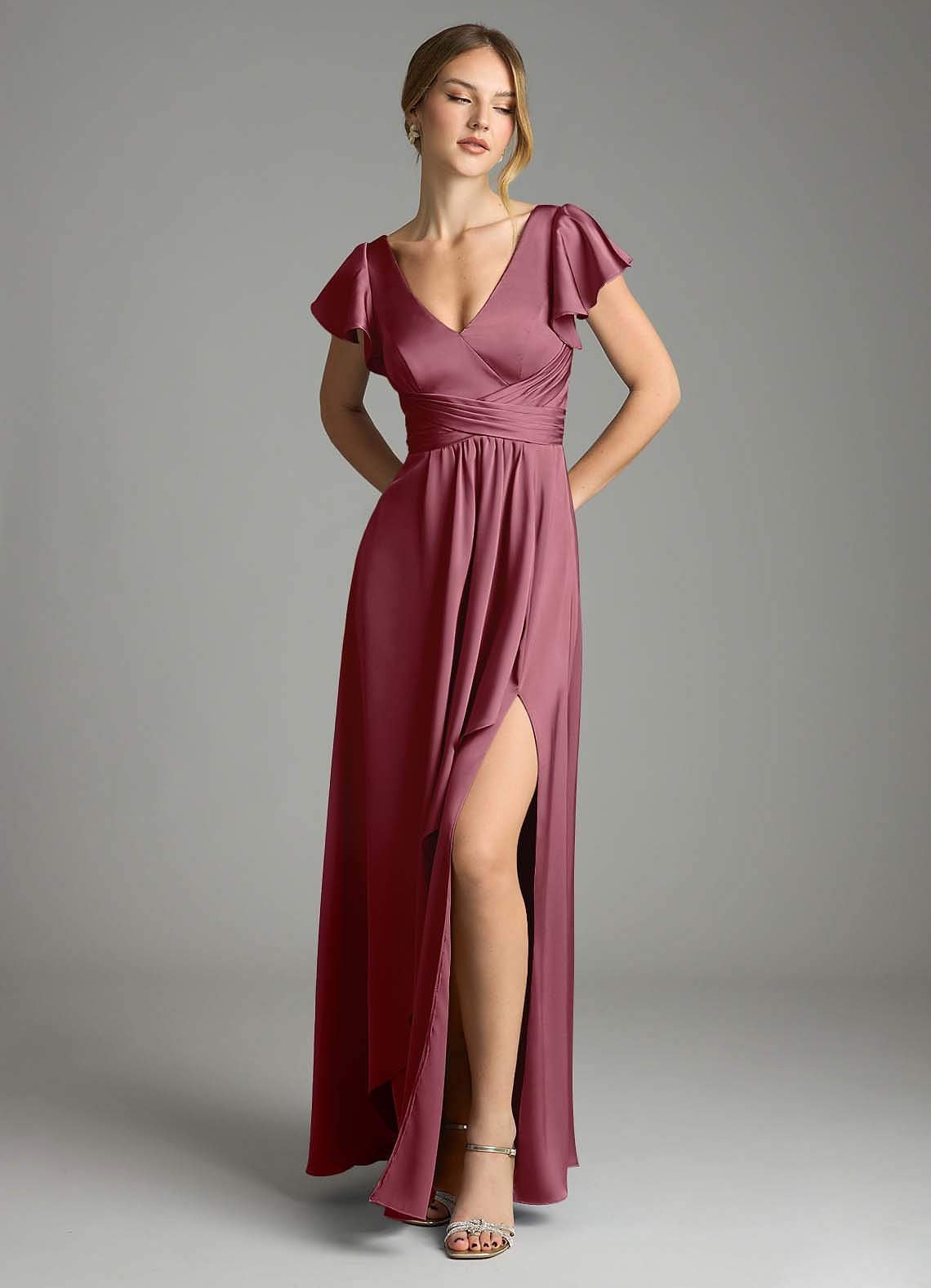Omari A-Line V-Neck Stretch Satin Bridesmaid Dress in Desert Rose