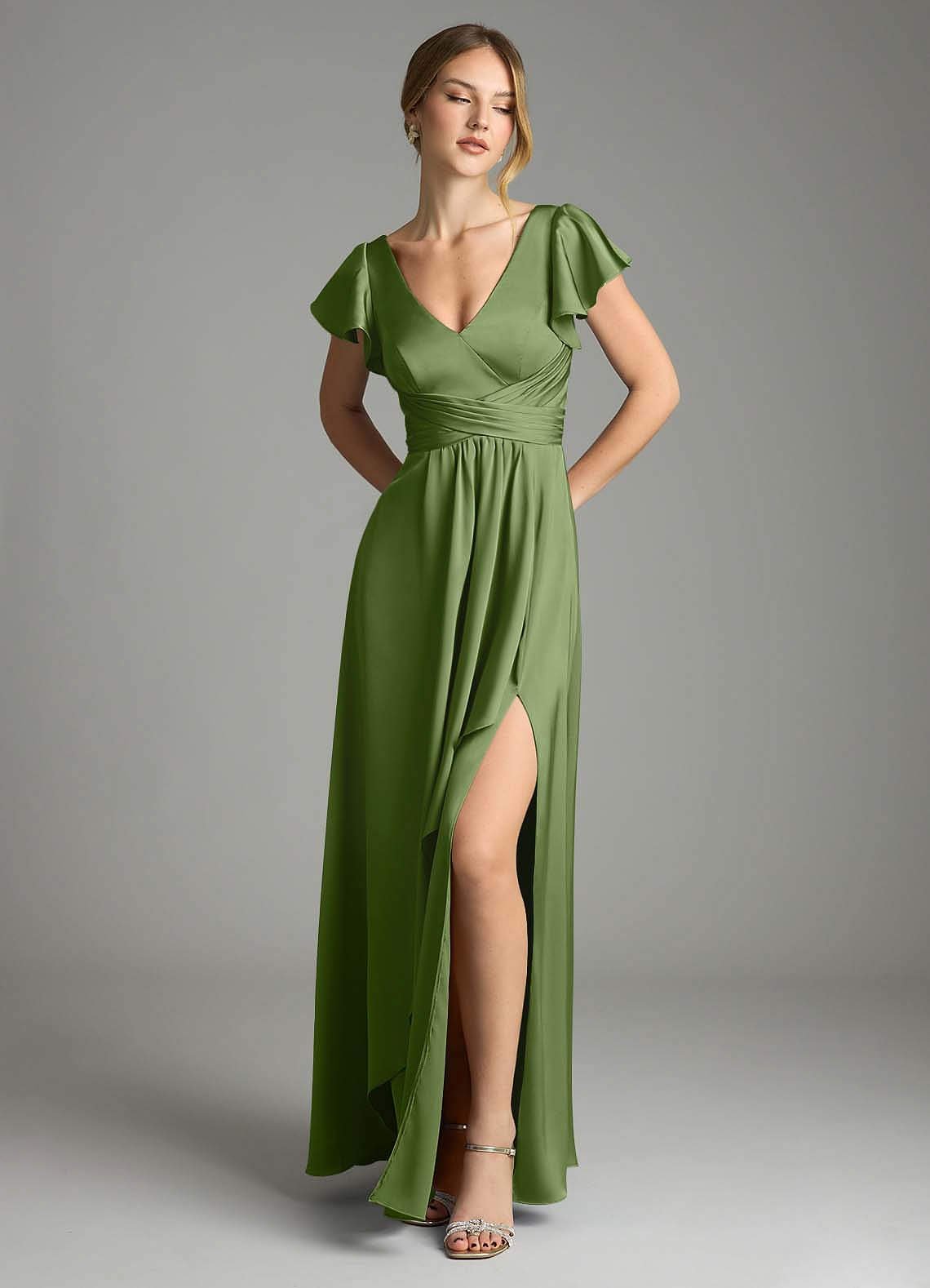 Omari A-Line V-Neck Stretch Satin Bridesmaid Dress in Juniper