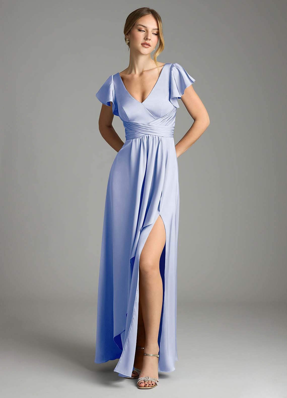 Omari A-Line V-Neck Stretch Satin Bridesmaid Dress in Ice
