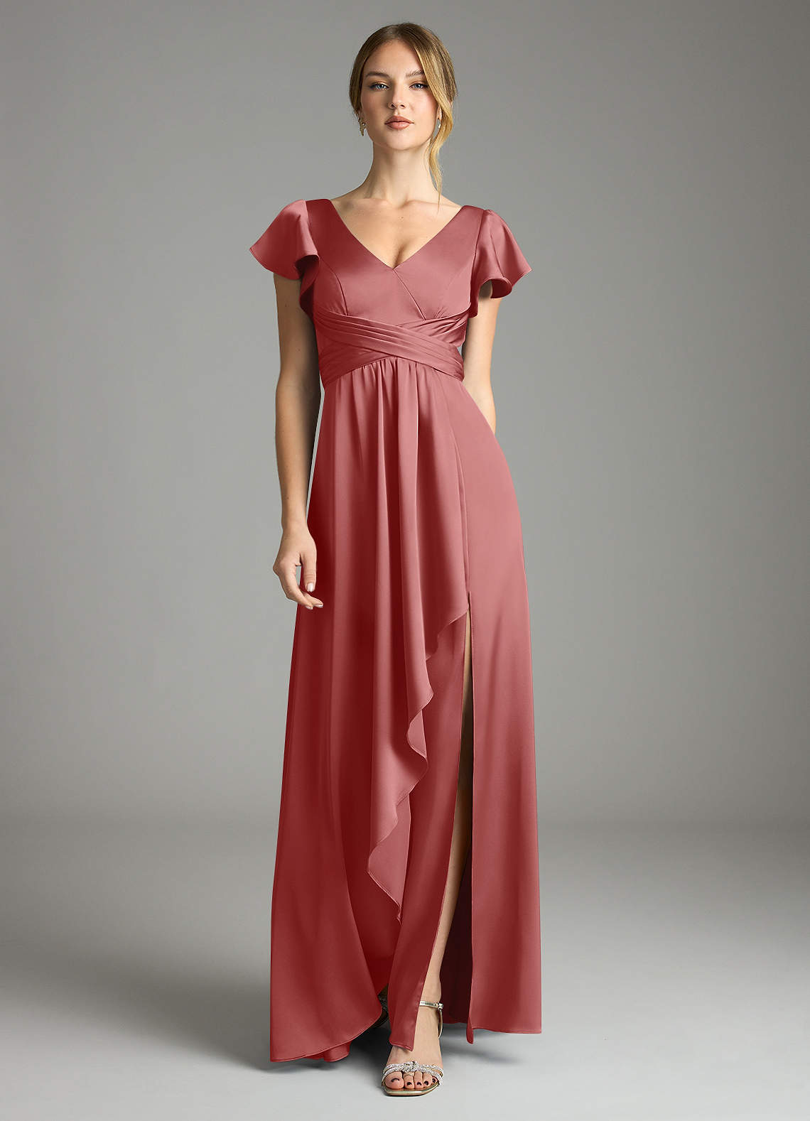 Omari A-Line V-Neck Stretch Satin Bridesmaid Dress in Antique Rose