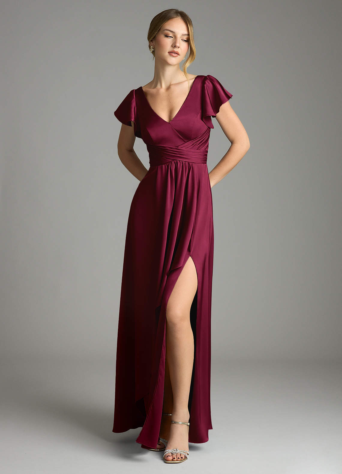 Omari A-Line V-Neck Stretch Satin Bridesmaid Dress in Burgundy
