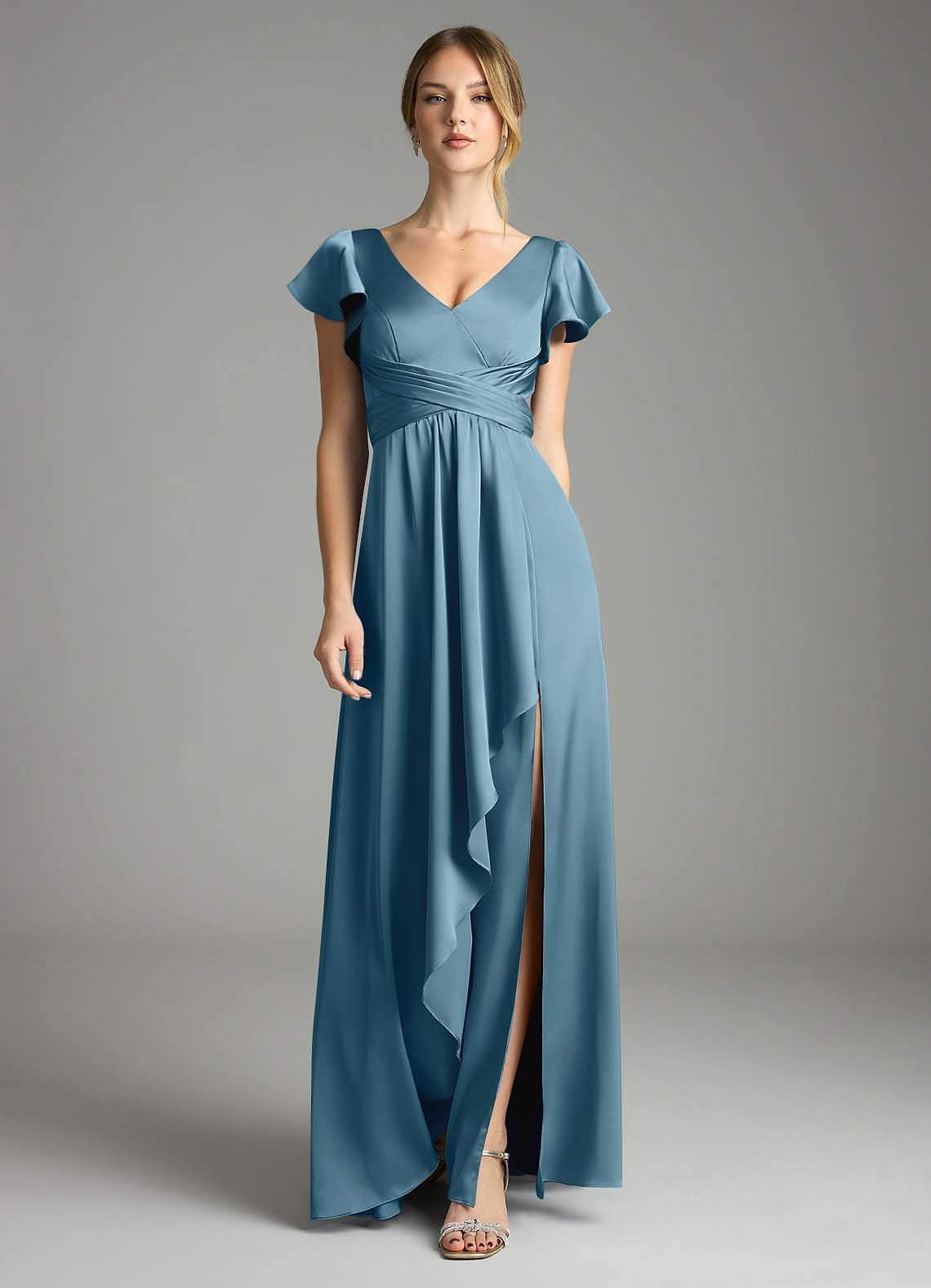 Omari A-Line V-Neck Stretch Satin Bridesmaid Dress in Bermuda