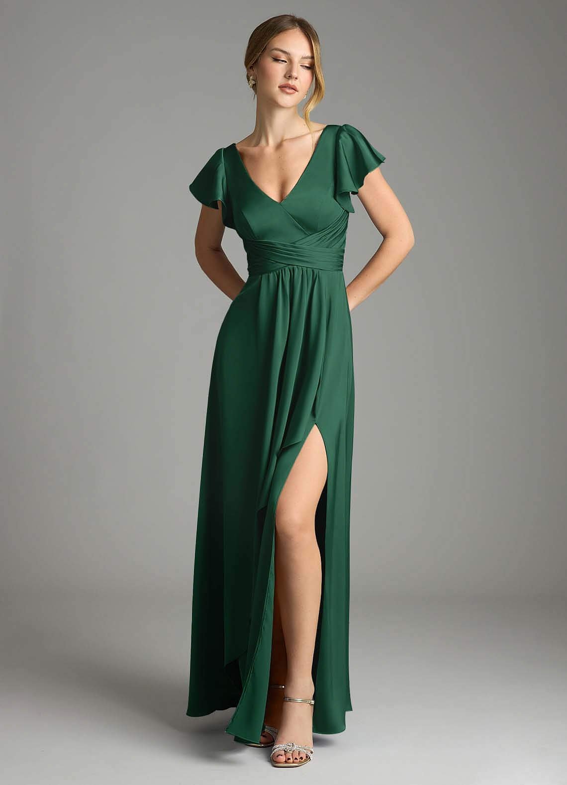 Omari A-Line V-Neck Stretch Satin Bridesmaid Dress in Dark Green
