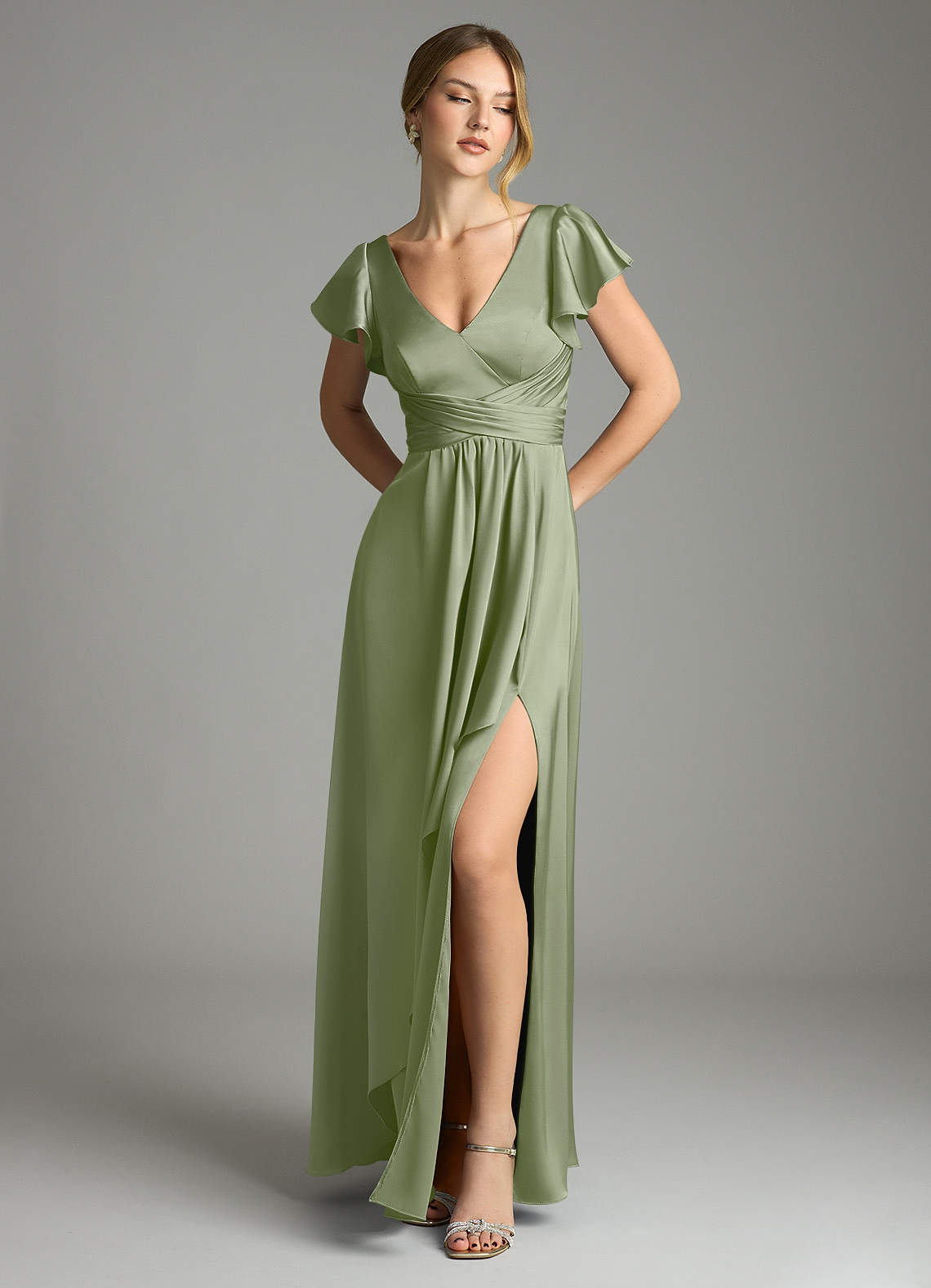 Omari A-Line V-Neck Stretch Satin Bridesmaid Dress in Pistachio