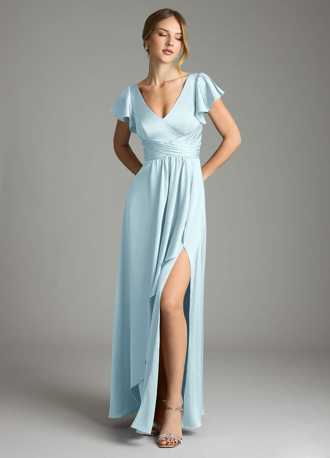 Omari A-Line V-Neck Stretch Satin Bridesmaid Dress in Cloud Blue
