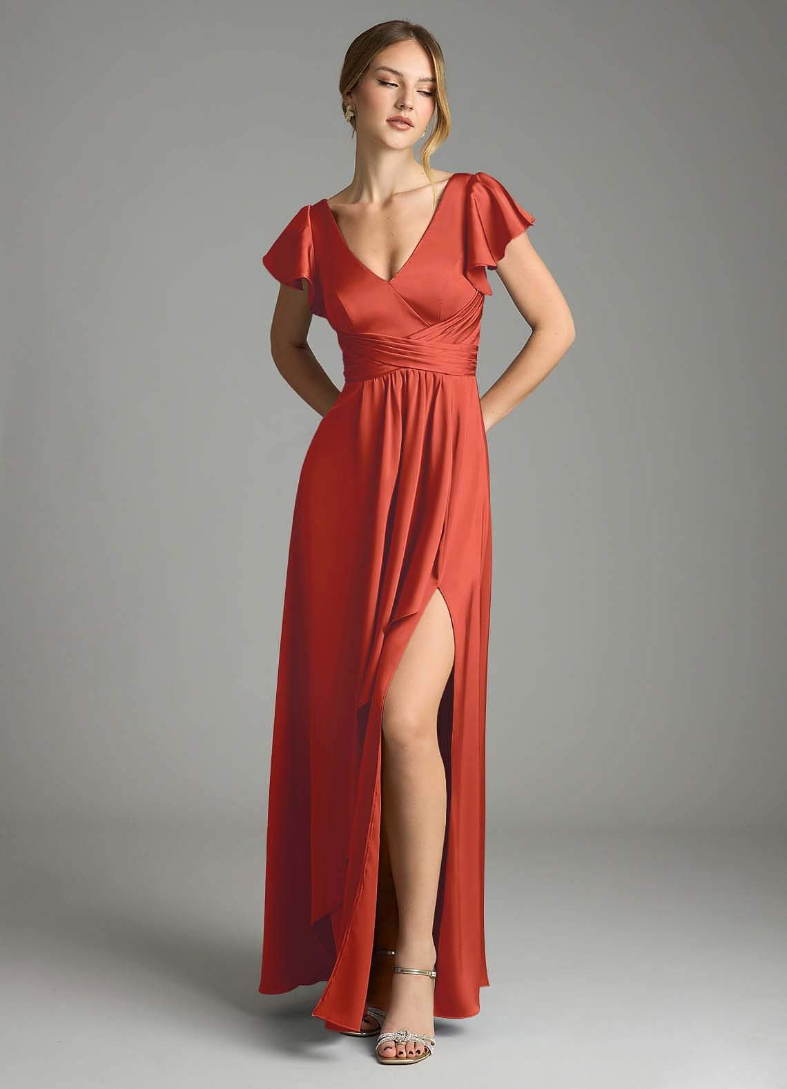 Omari A-Line V-Neck Stretch Satin Bridesmaid Dress in Rust