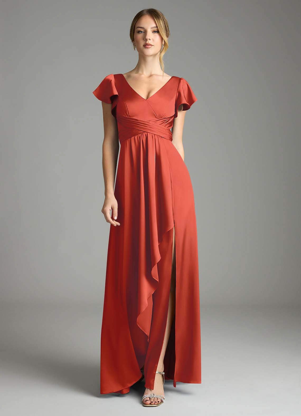 Omari A-Line V-Neck Stretch Satin Bridesmaid Dress in Rust