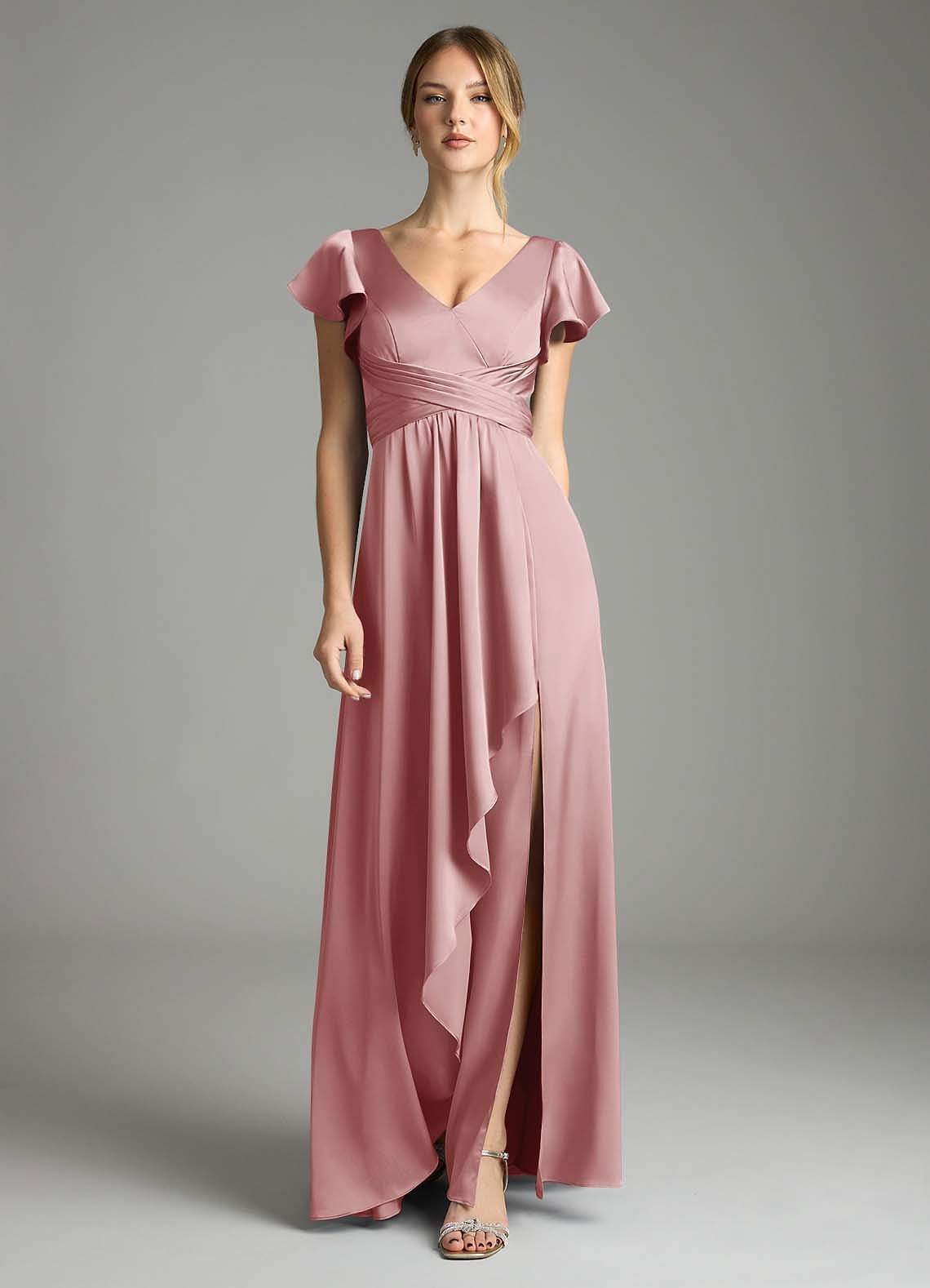 Omari A-Line V-Neck Stretch Satin Bridesmaid Dress in dusty rose