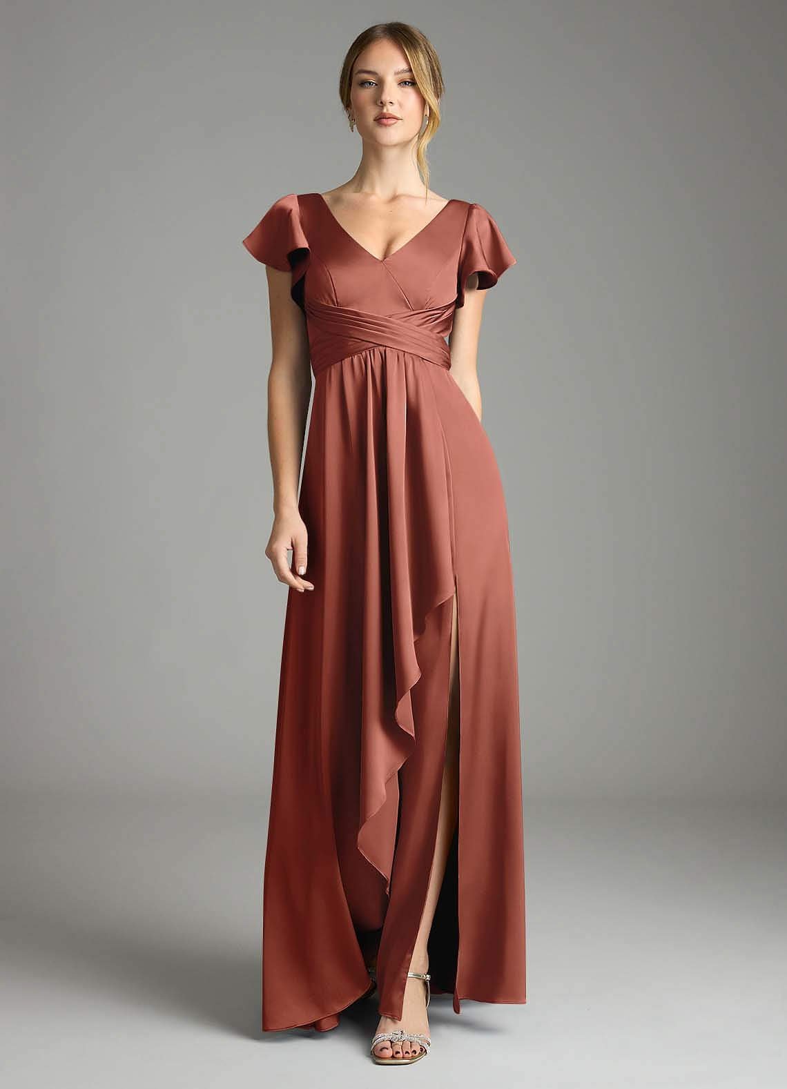 Omari A-Line V-Neck Stretch Satin Bridesmaid Dress in Auburn