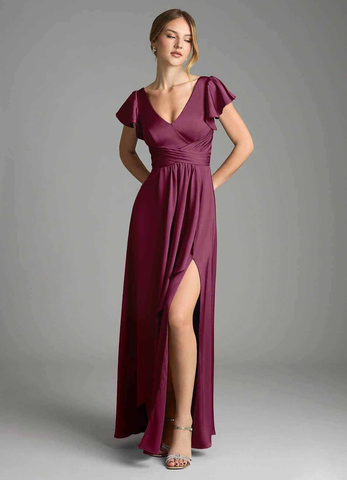 Omari A-Line V-Neck Stretch Satin Bridesmaid Dress in Mulberry