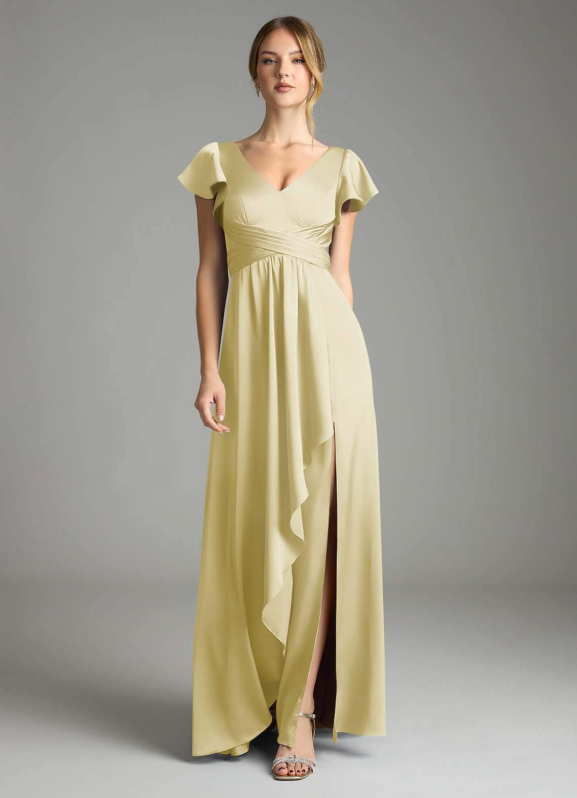 Omari A-Line V-Neck Stretch Satin Bridesmaid Dress in Lemon Sorbet