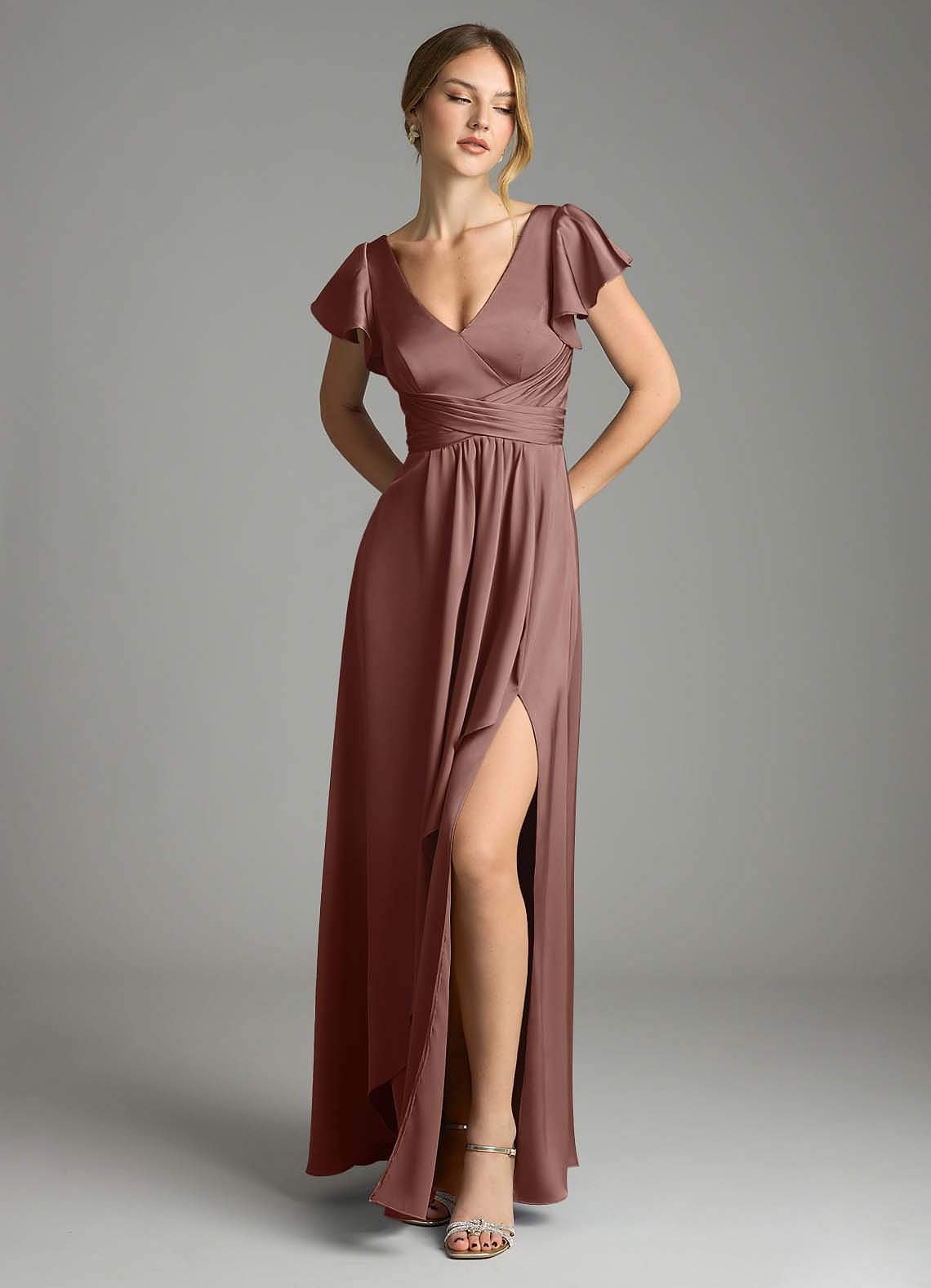 Omari A-Line V-Neck Stretch Satin Bridesmaid Dress in Espresso