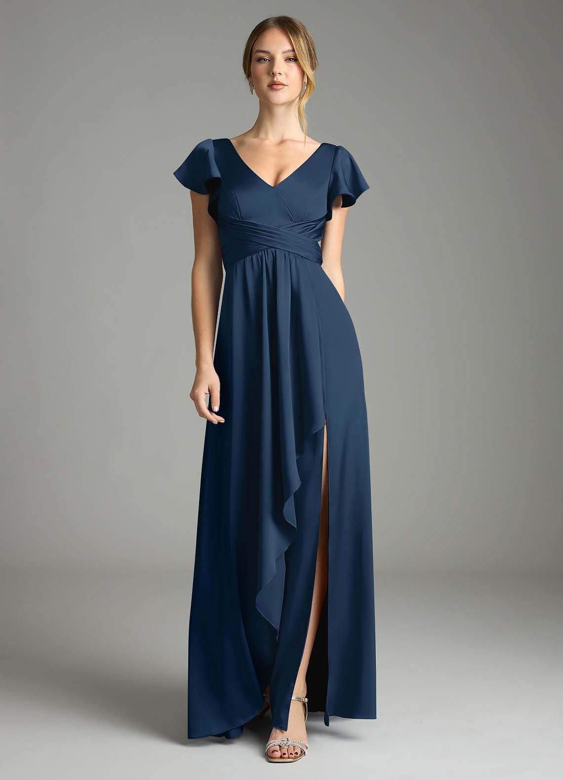 Omari A-Line V-Neck Stretch Satin Bridesmaid Dress in Dark Navy
