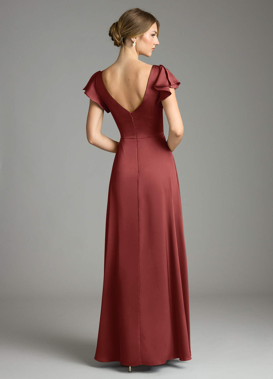 Omari A-Line V-Neck Stretch Satin Bridesmaid Dress in Terracotta