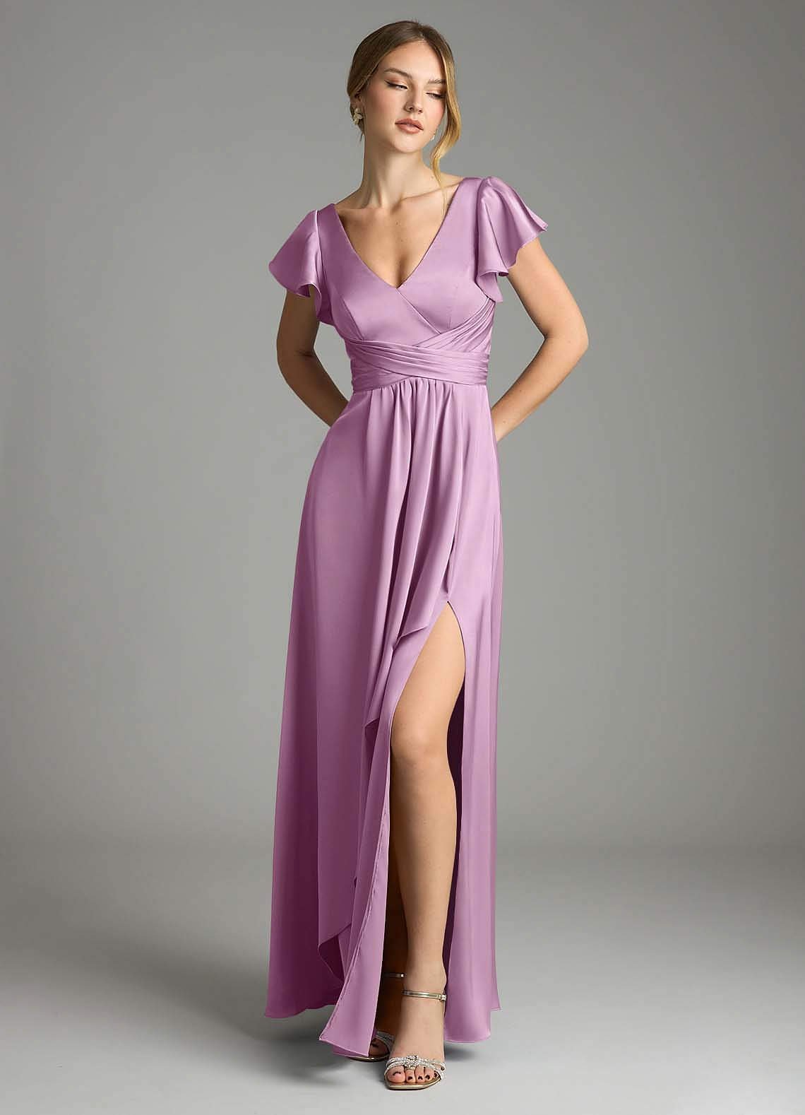 Omari A-Line V-Neck Stretch Satin Bridesmaid Dress in Wisteria
