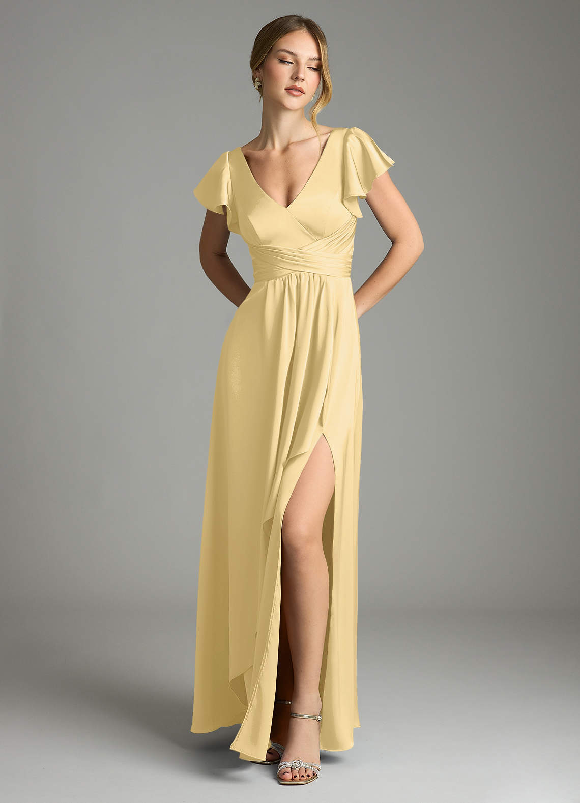 Omari A-Line V-Neck Stretch Satin Bridesmaid Dress in Butter