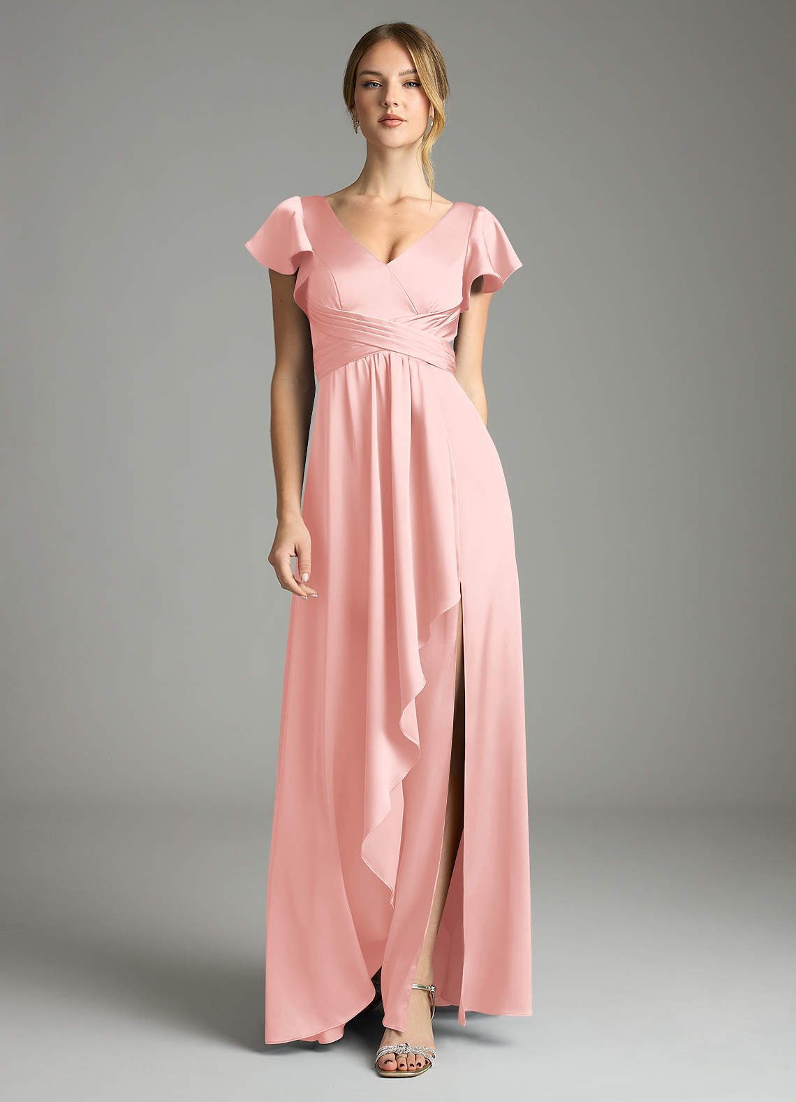Omari A-Line V-Neck Stretch Satin Bridesmaid Dress in Powder Pink