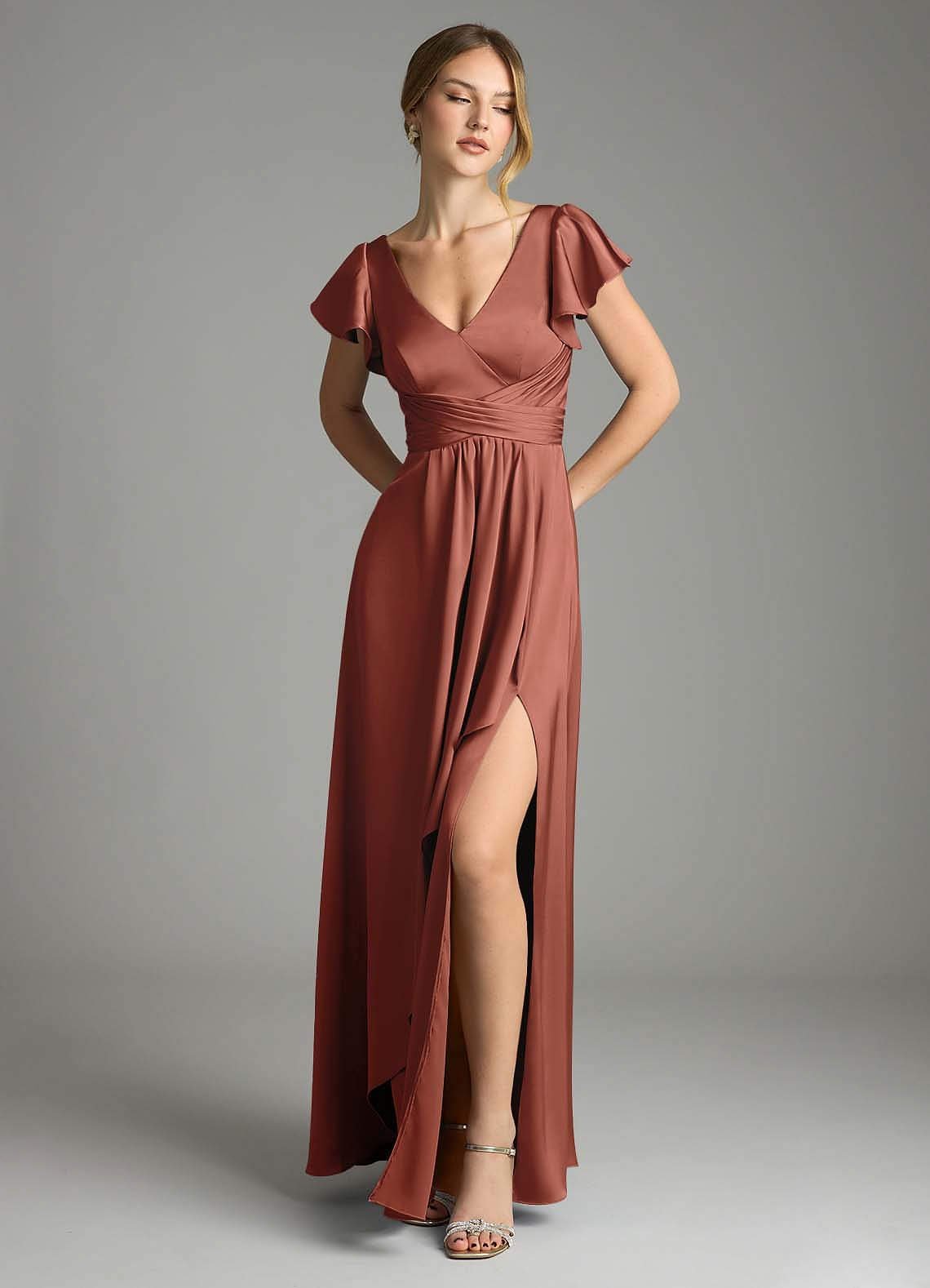 Omari A-Line V-Neck Stretch Satin Bridesmaid Dress in Auburn