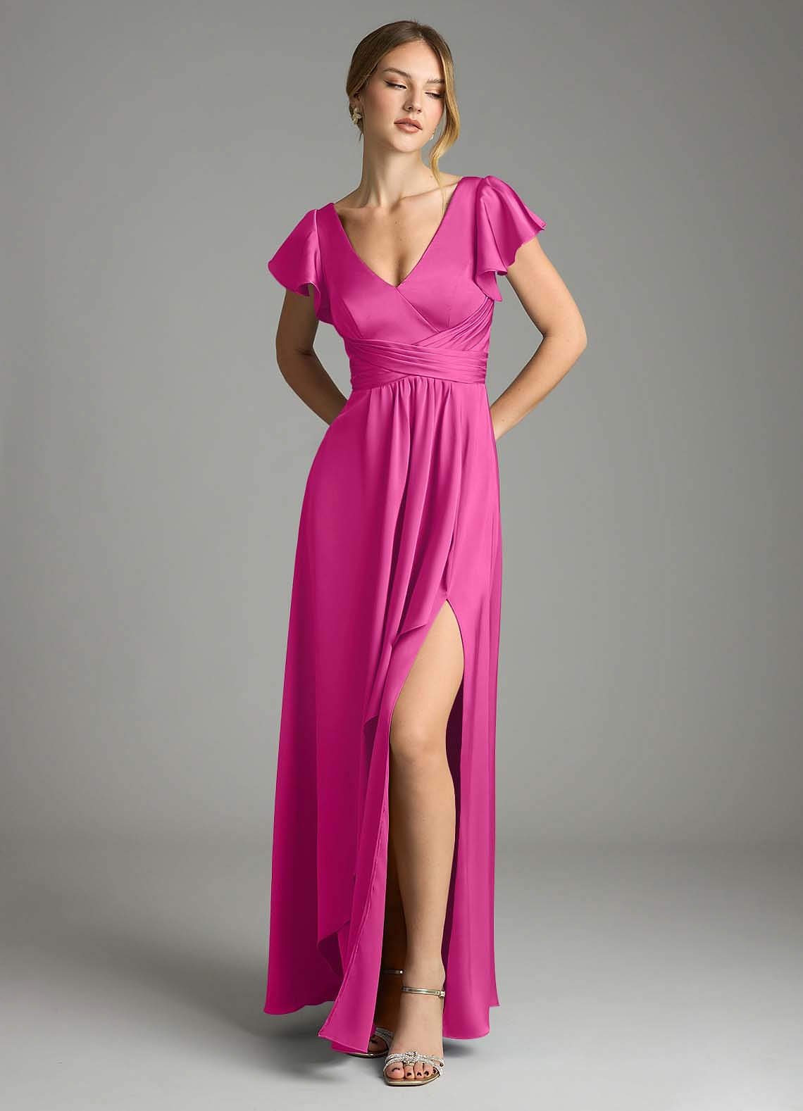 Omari A-Line V-Neck Stretch Satin Bridesmaid Dress in Fuchsia