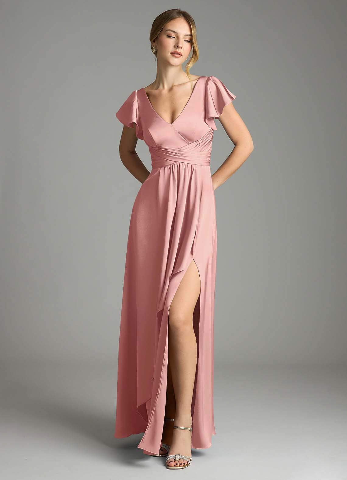 Omari A-Line V-Neck Stretch Satin Bridesmaid Dress in Rosette