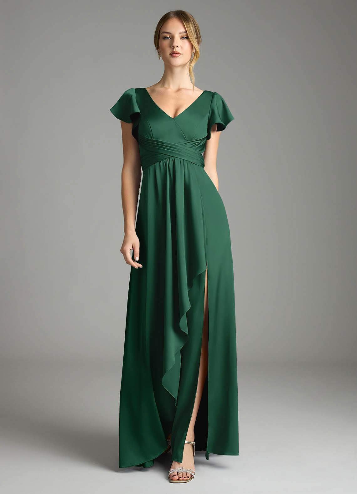 Omari A-Line V-Neck Stretch Satin Bridesmaid Dress in Dark Green