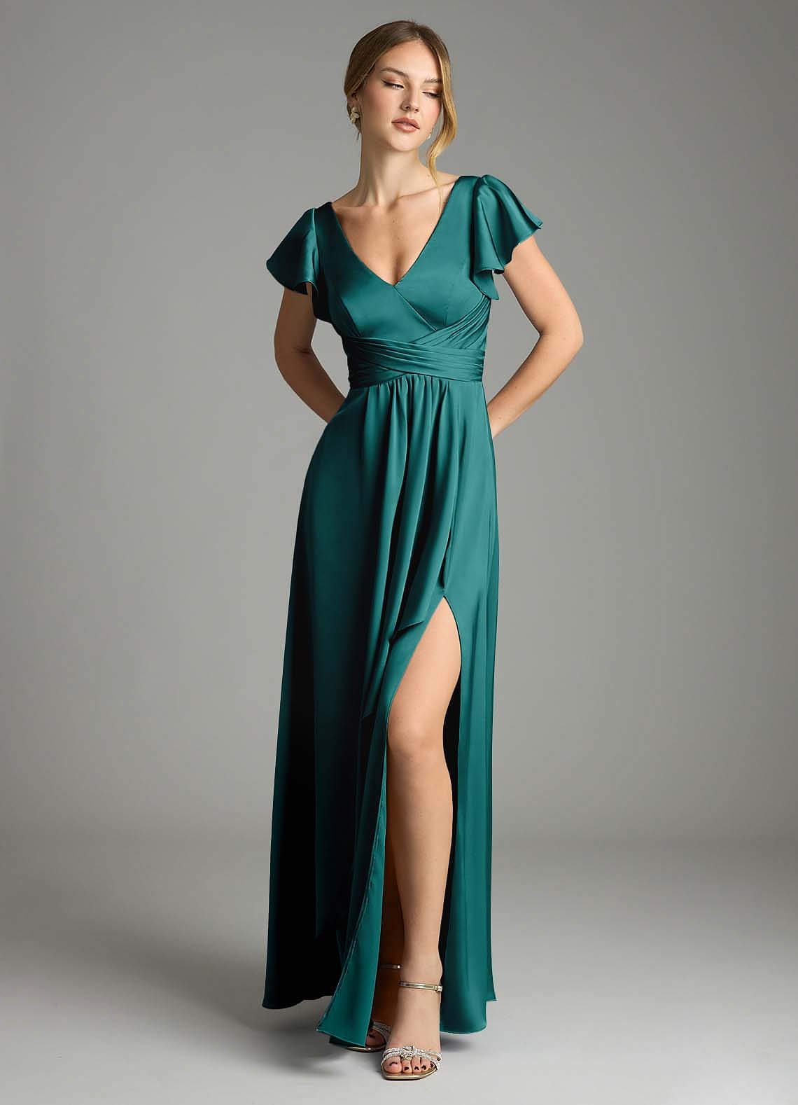 Omari A-Line V-Neck Stretch Satin Bridesmaid Dress in Peacock